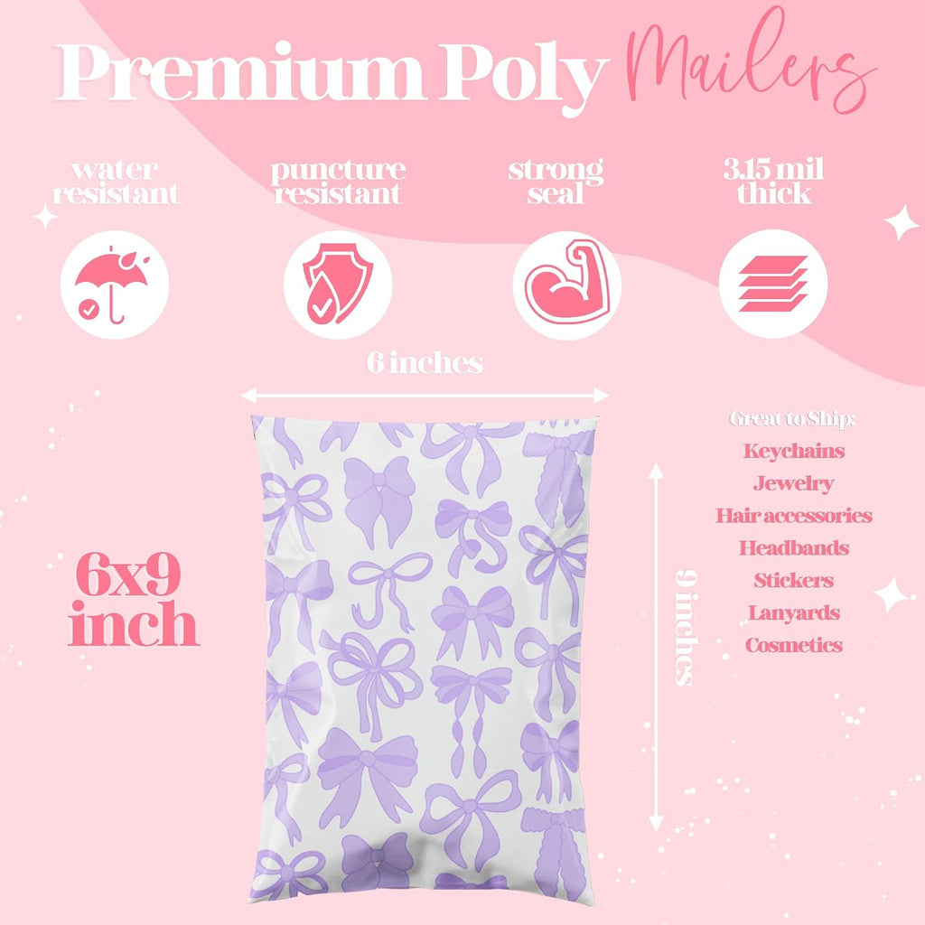 Poly Mailers 6x9, Purple Bows, 100 Pack