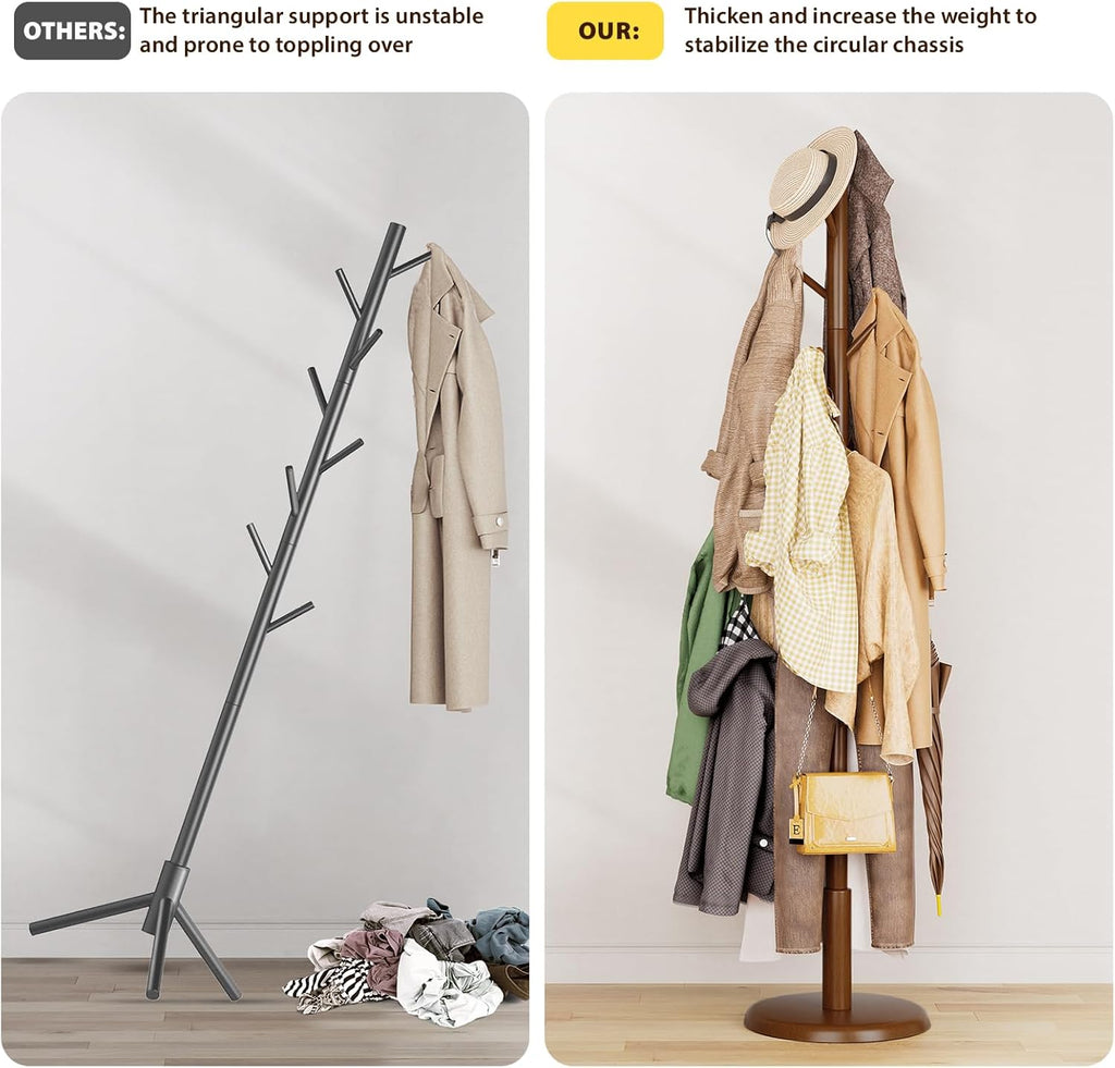 Solid Wood Coat Rack Freestanding Coat Tree with 10 Hooks for Bedroom, Livingroom, Entryway, Sturdy Coat Hanger Stand