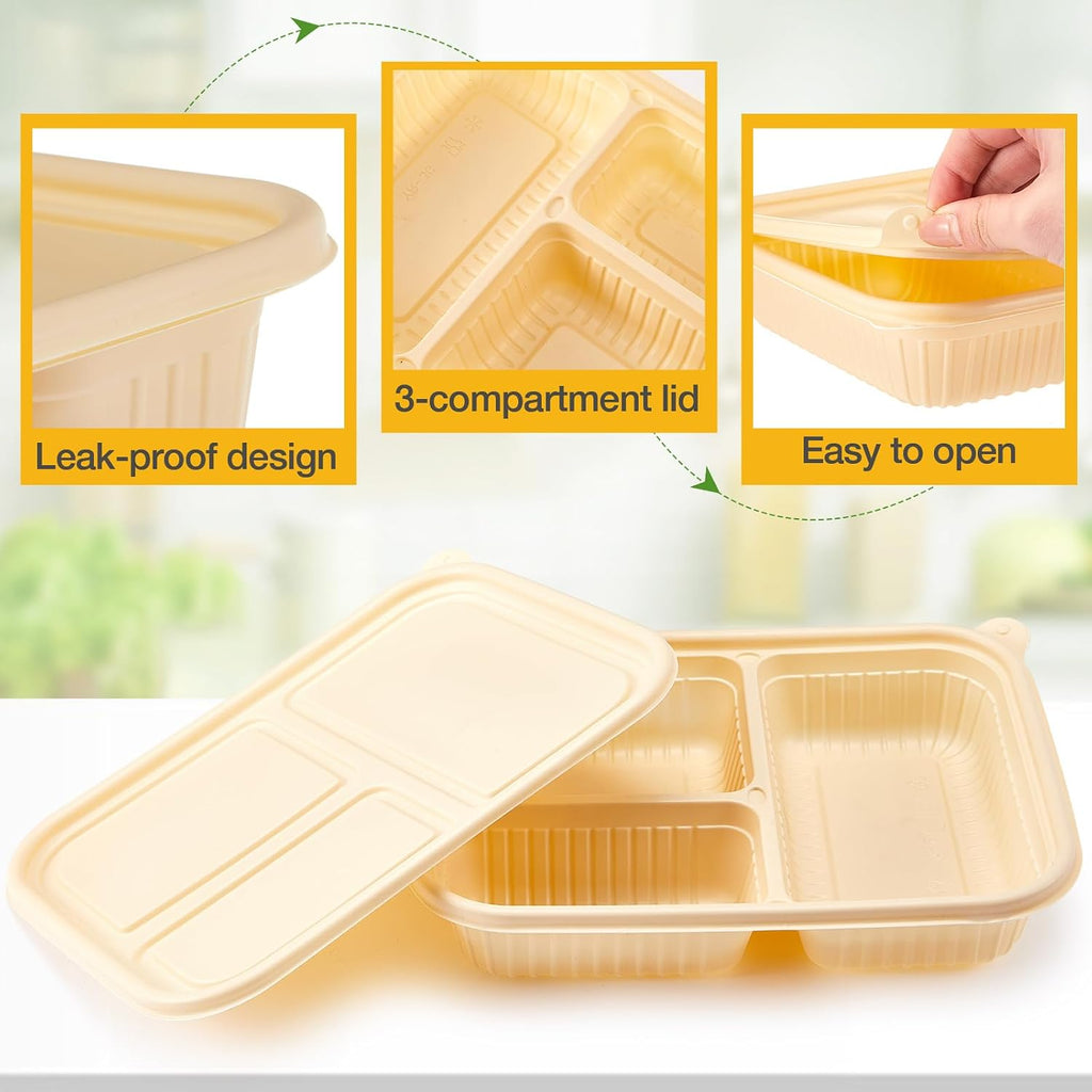 30 Pack(60 Pcs) 3 Compartments Compostable Plates with Lids