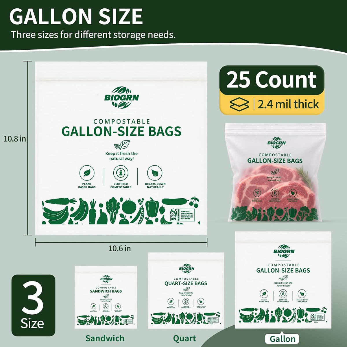 Compostable Gallon-Size Freezer Bags, 25 Count, 2.4 Mil, Extra Thick