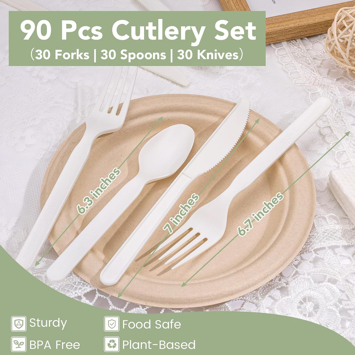 90 Count Disposable Compostable Cutlery Set – BPA-Free Spoons, Forks & Knives for Parties, Events & Everyday Use