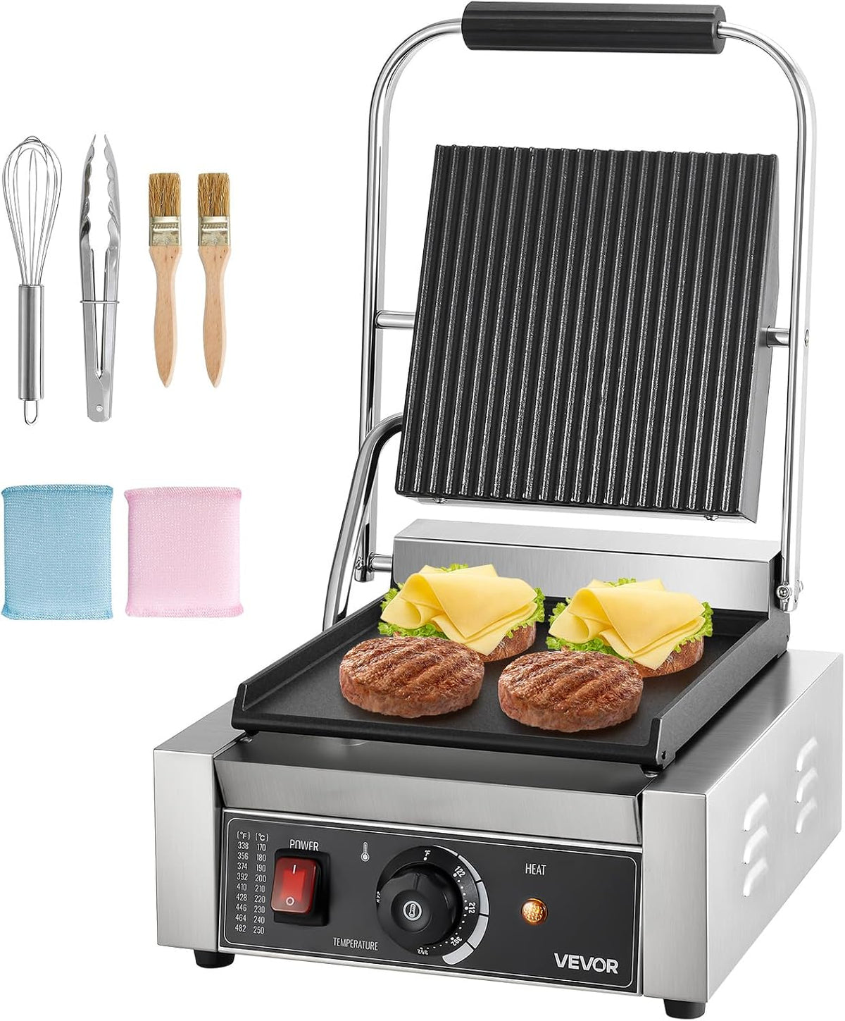 Commercial Panini Grill, 1800W Electric Sandwich Panini Maker, Stainless Steel Sandwichs Press Grill with Handle and