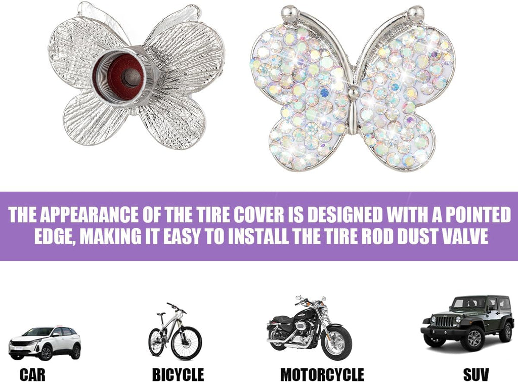4PCS Butterfly Rhinestone Tire Valve Stem Caps, AB Color