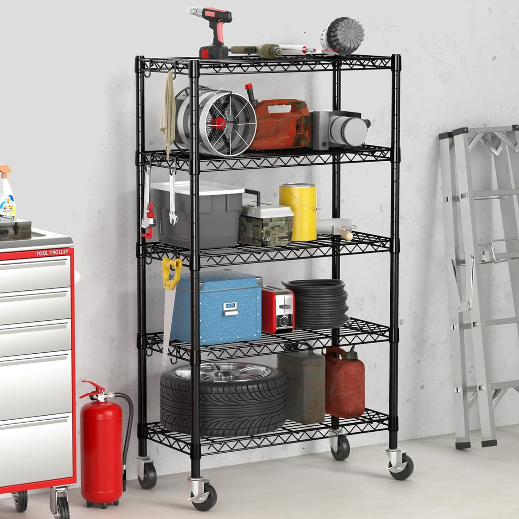 Wire Shelving, 1900lbs Capacity 5 Tier Heavy Duty NSF Wire Shelf with Rolling Wheels Black Metal Storage Shelves
