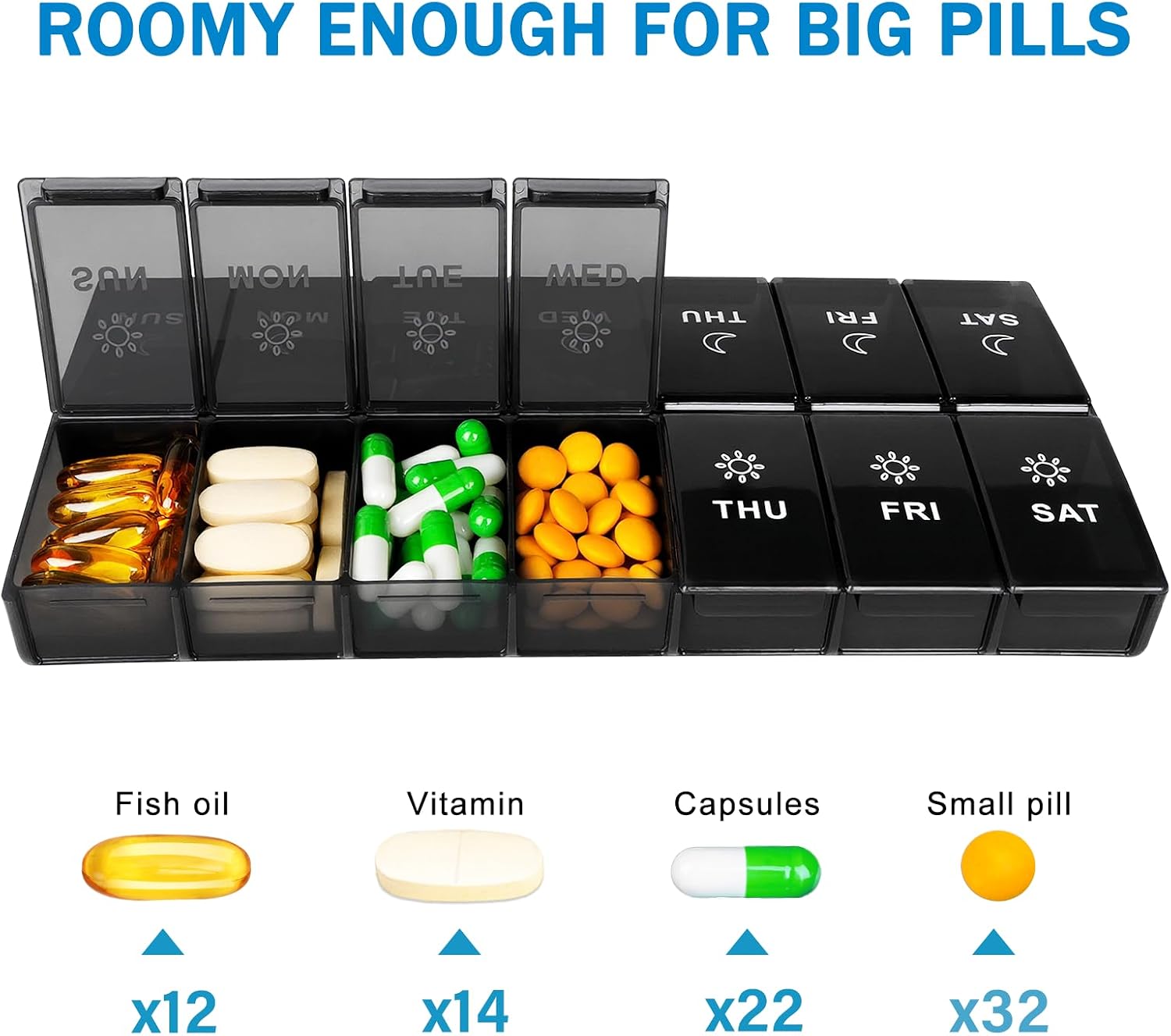 Extra Large Weekly Pill Organizer 2 Times a Day, 7 Day AM PM Pill Box with XL Capacity Compartments, Jumbo Vitamins