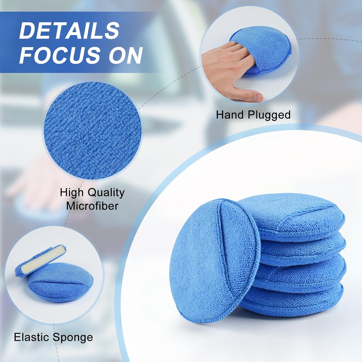 Wax Applicator Pad (8 Pack), 5 Inch Microfiber Applicator Pad with Finger Pocket, Washable Reusable Polishing Pads