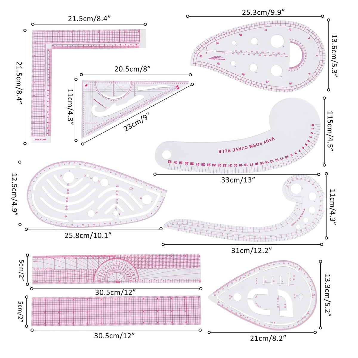 Fashion Clear Metric Sewing Ruler Set, French Curve Pattern Ruler Kit for Beginners Tailors Designers (A-9-Piece Set)