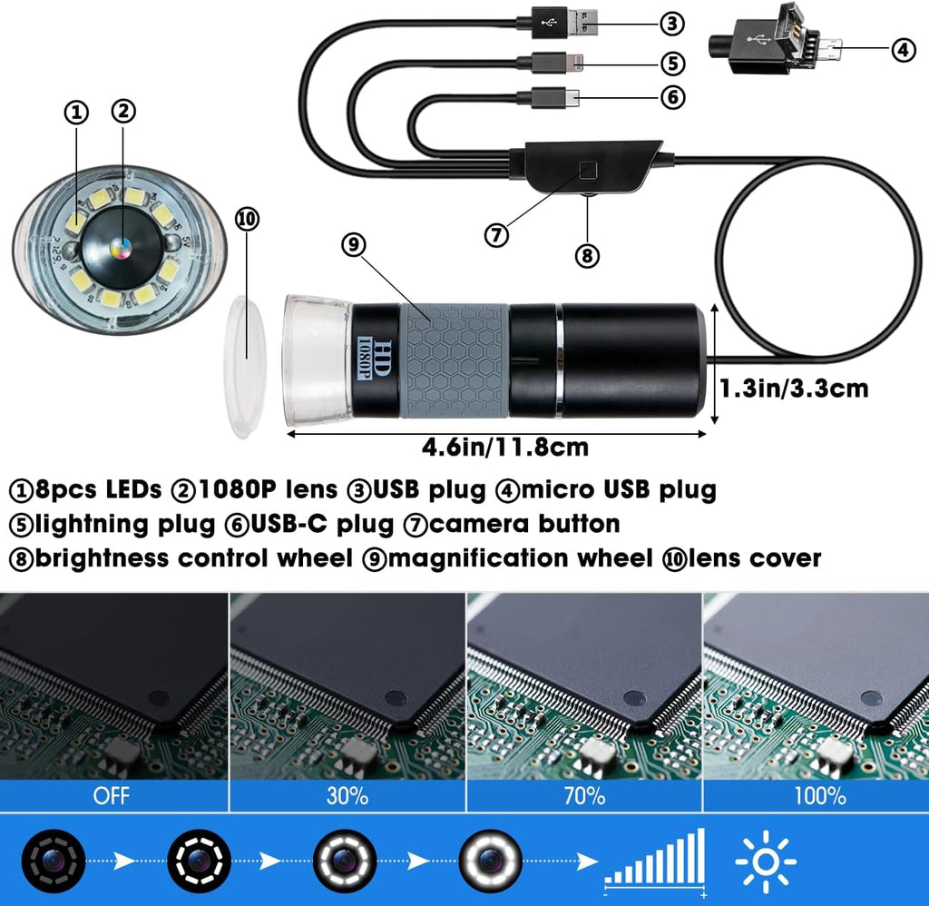1080P 50-1000x USB Digital Microscope Stand for iPhone Android PC | 1920x1080P 8 LED Handheld Endoscope Mini Camera