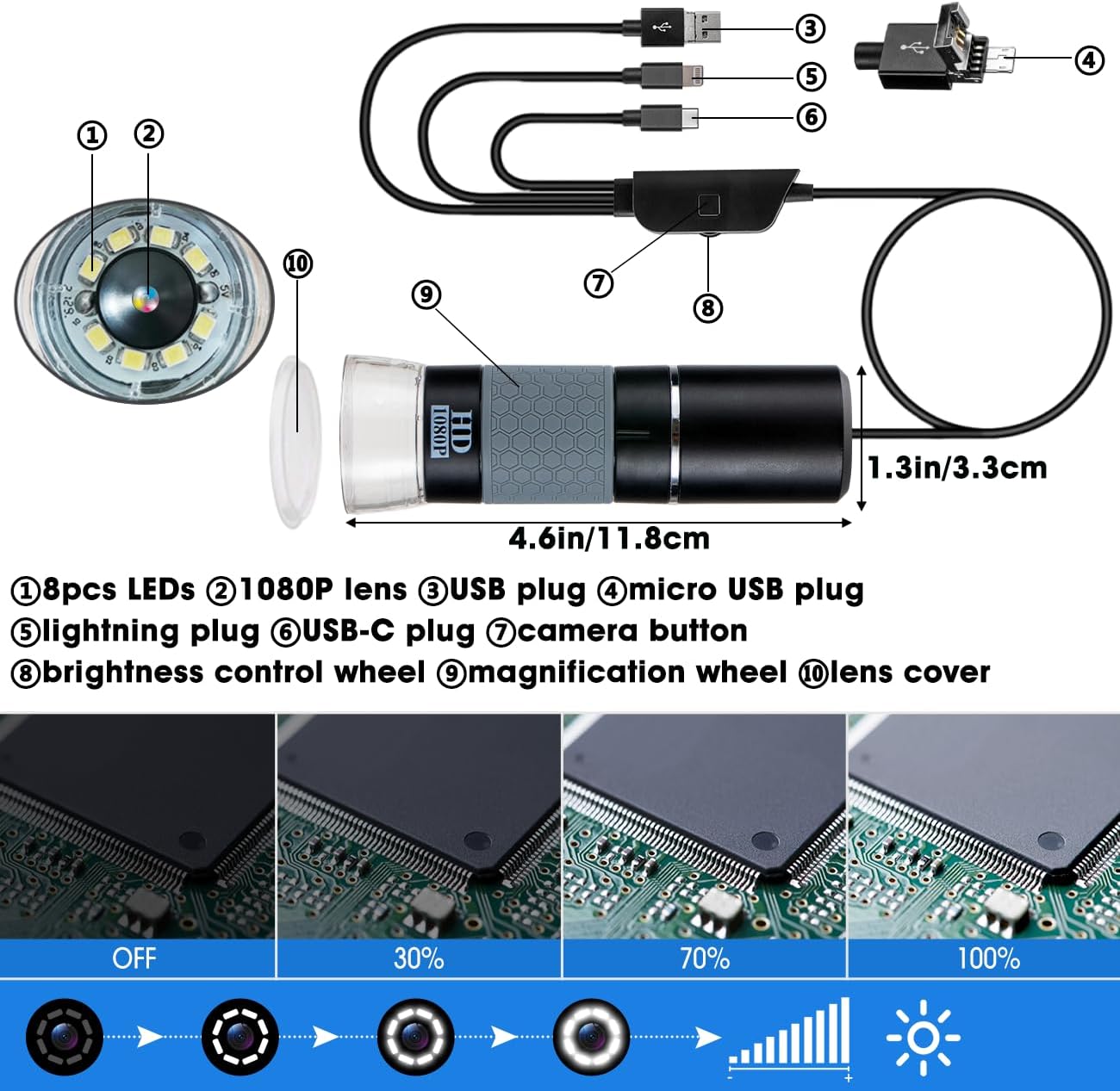 1080P 50-1000x USB Digital Microscope Stand for iPhone Android PC | 1920x1080P 8 LED Handheld Endoscope Mini Camera