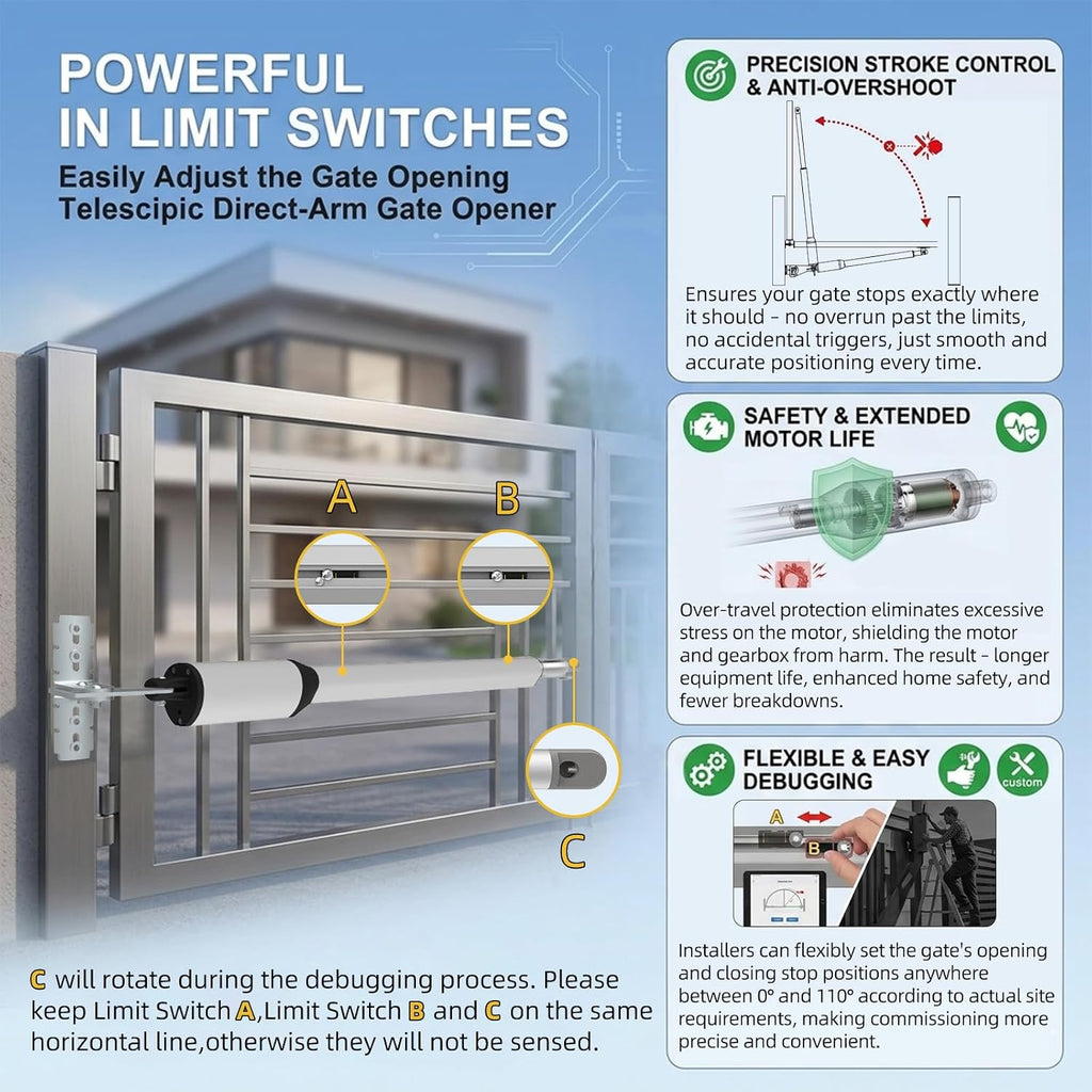 C05 Automatic Gate Opener with Solar Panel & Batteries for Medium Duty Single Swing Gates Up to 770lb Arm, 24V Motor
