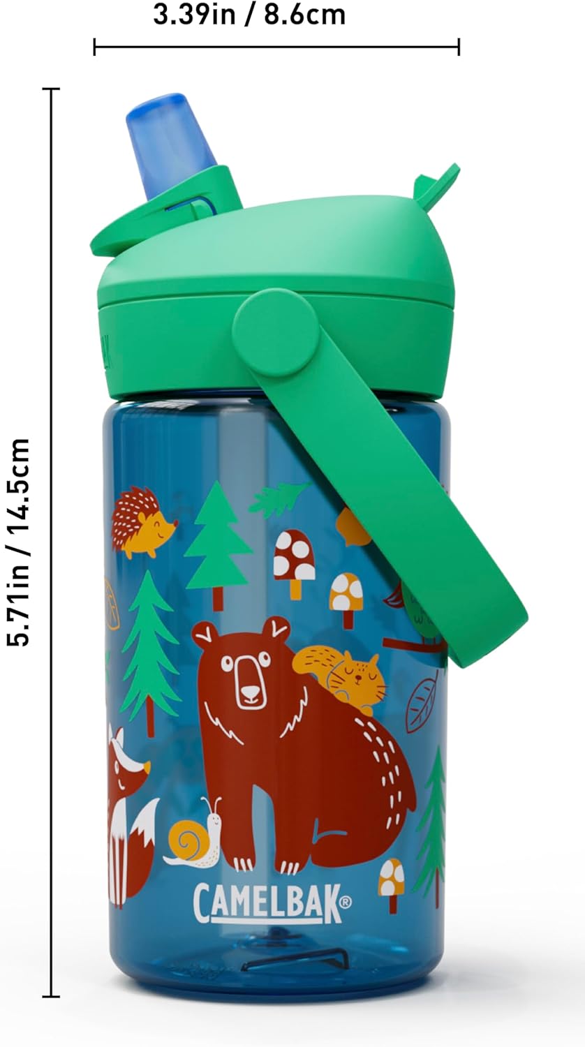 Thrive Flip Straw Kids Water Bottle with Bite Valve, Tritan Renew Design for School and Travel, 14oz, Friendly Forest