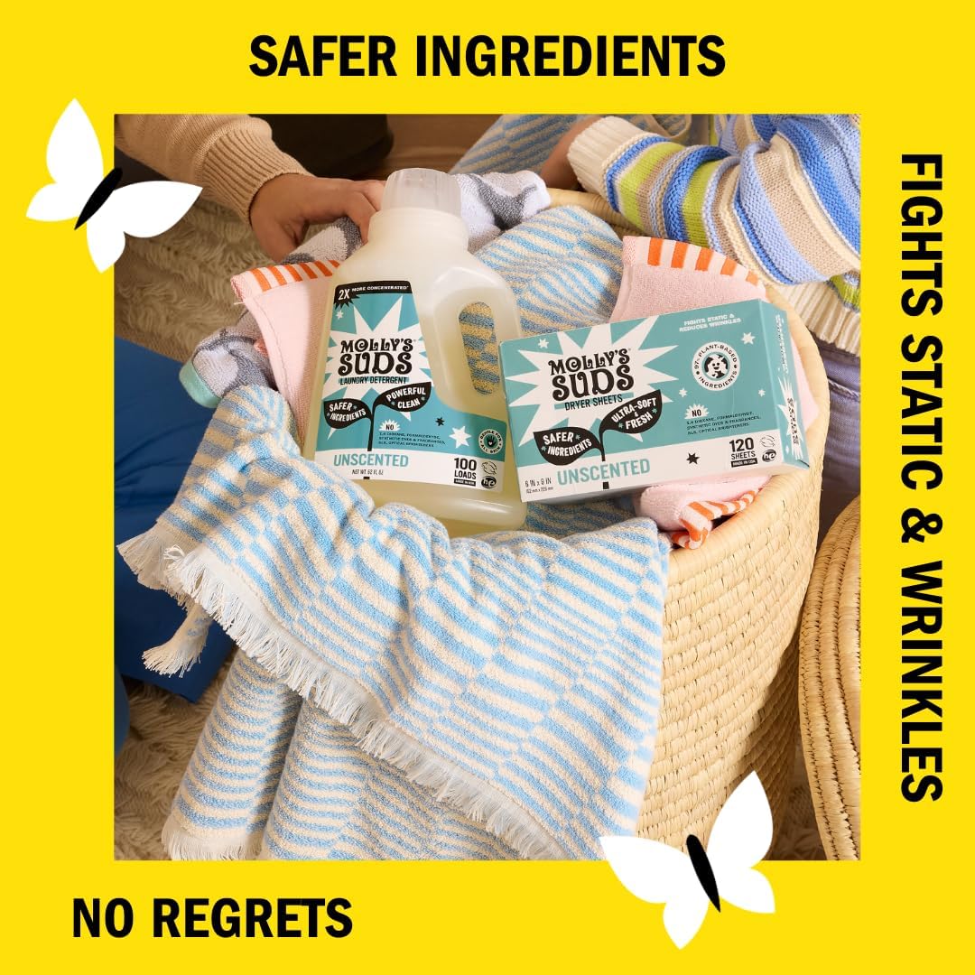 Fabric Softener Dryer Sheets for Sensitive Skin | Plant-Based Static Reducer, Plastic-Free Packaging | Unscented (120