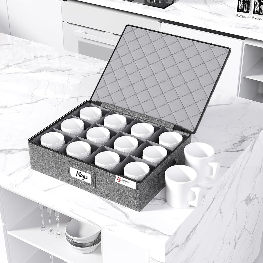 Cup and Mug Storage Box 2 Pack with Hard Shell and Dividers for Coffee Mugs,Tea Cups and Glasses,Stackable Storage