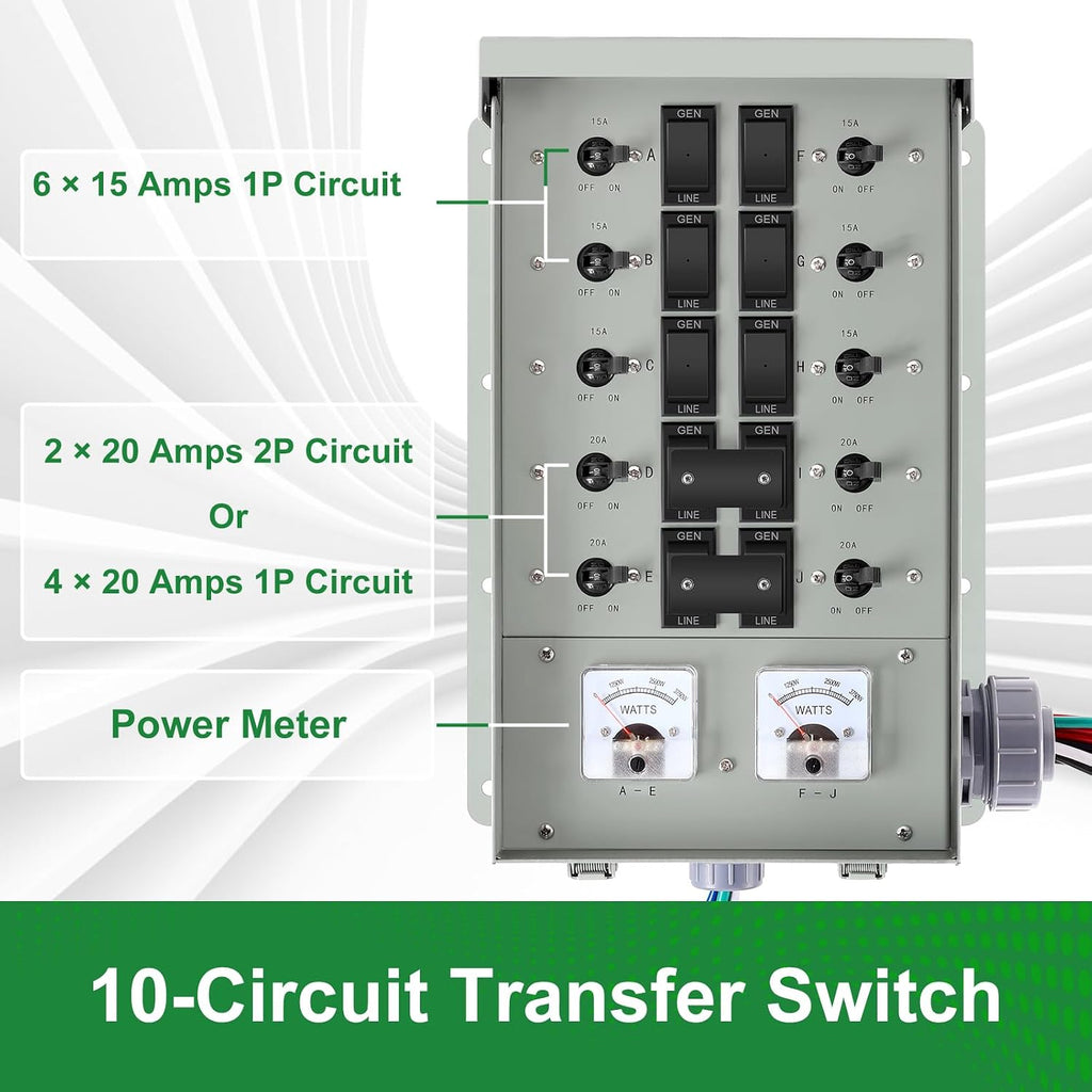 30 Amp Generator Transfer Switch Kit,10-Circuits, 7500W, Indoor&Outdoor, NEMA 3R, Include 10 Foot Cord and 30 Amps