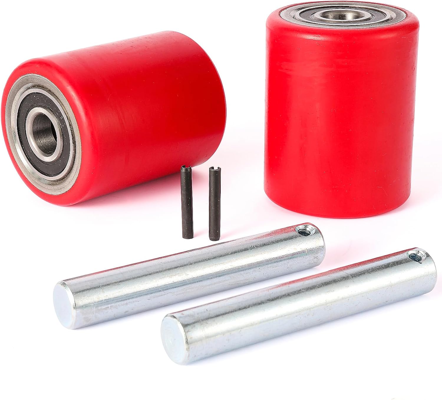 Two Packs of Pallet Jack/Truck Wheels 3” x 3.75” PU Poly Tread, 20mm ID Bearings, Full Set with Axles, Pins and Entry