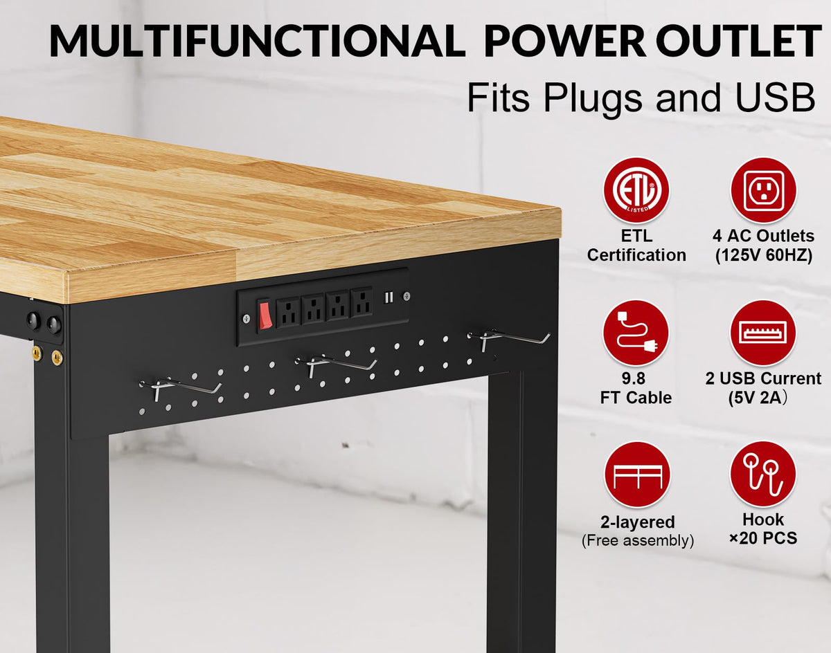 72”Heavy Duty Work Bench, 2-Layer Adjustable Workbench, 5000 LBS Capacity Work Bench with Power Outlet & Pegboard