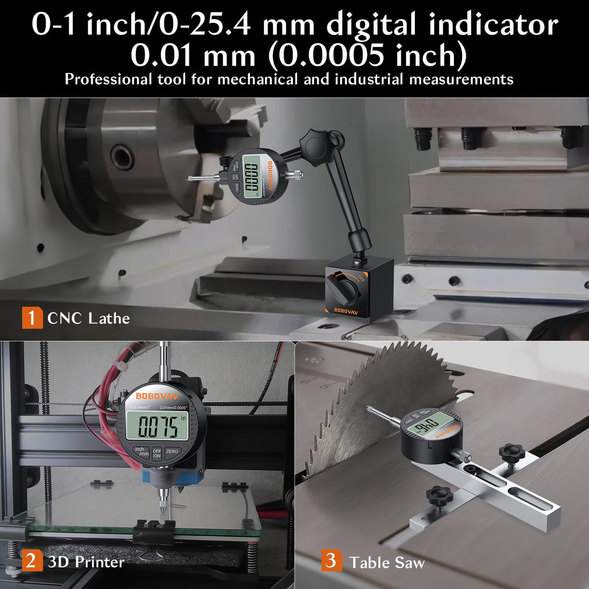 BOBOVAV 0-1"(0-25mm)/0.0005"(0.01mm) Digital Dial Indicator,Inch/MM Switch