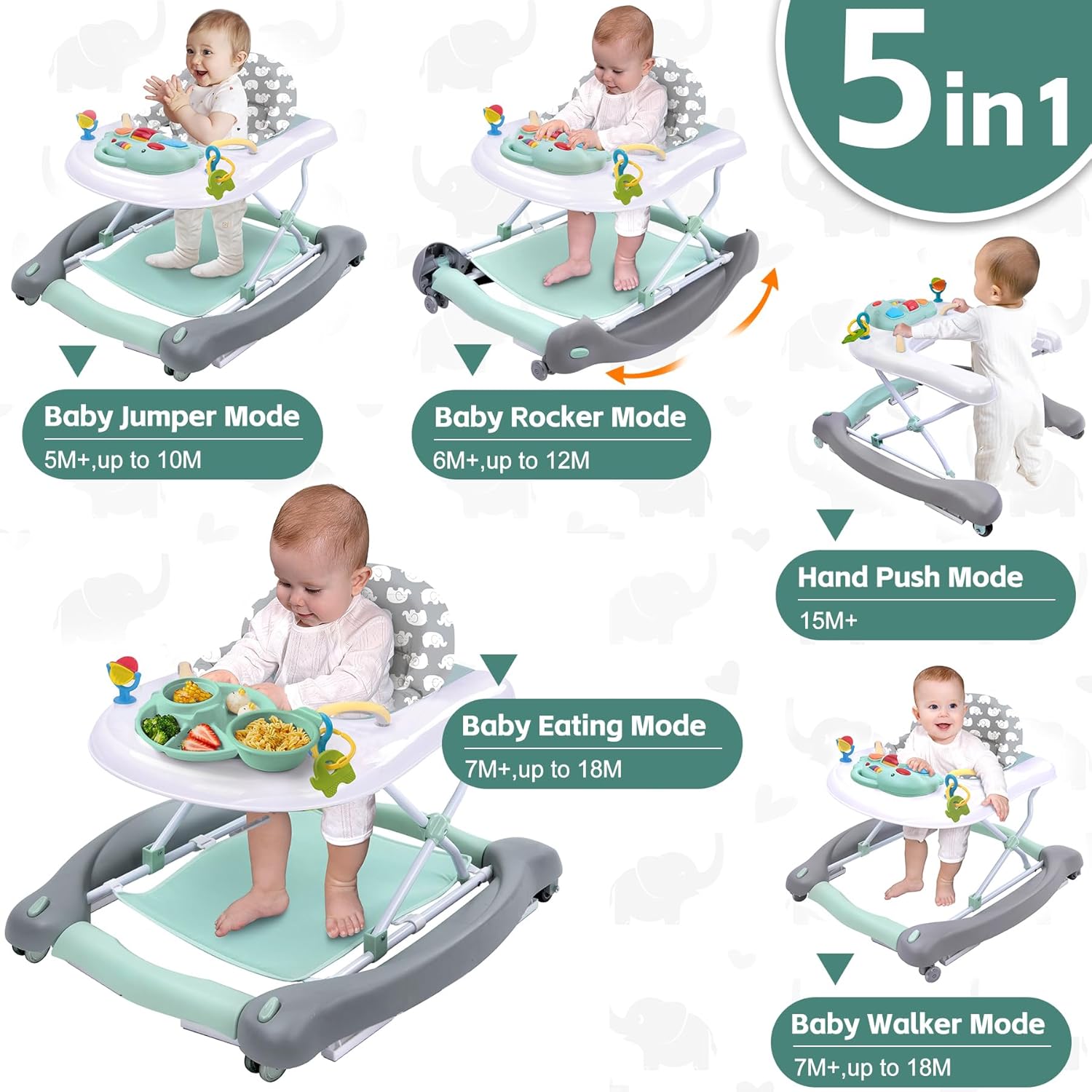 Foldable Baby 5-in-1 Activity Walker - Rocker, Activity Center, Bouncer, Seat Walker, Push Walker - Adjustable Speed