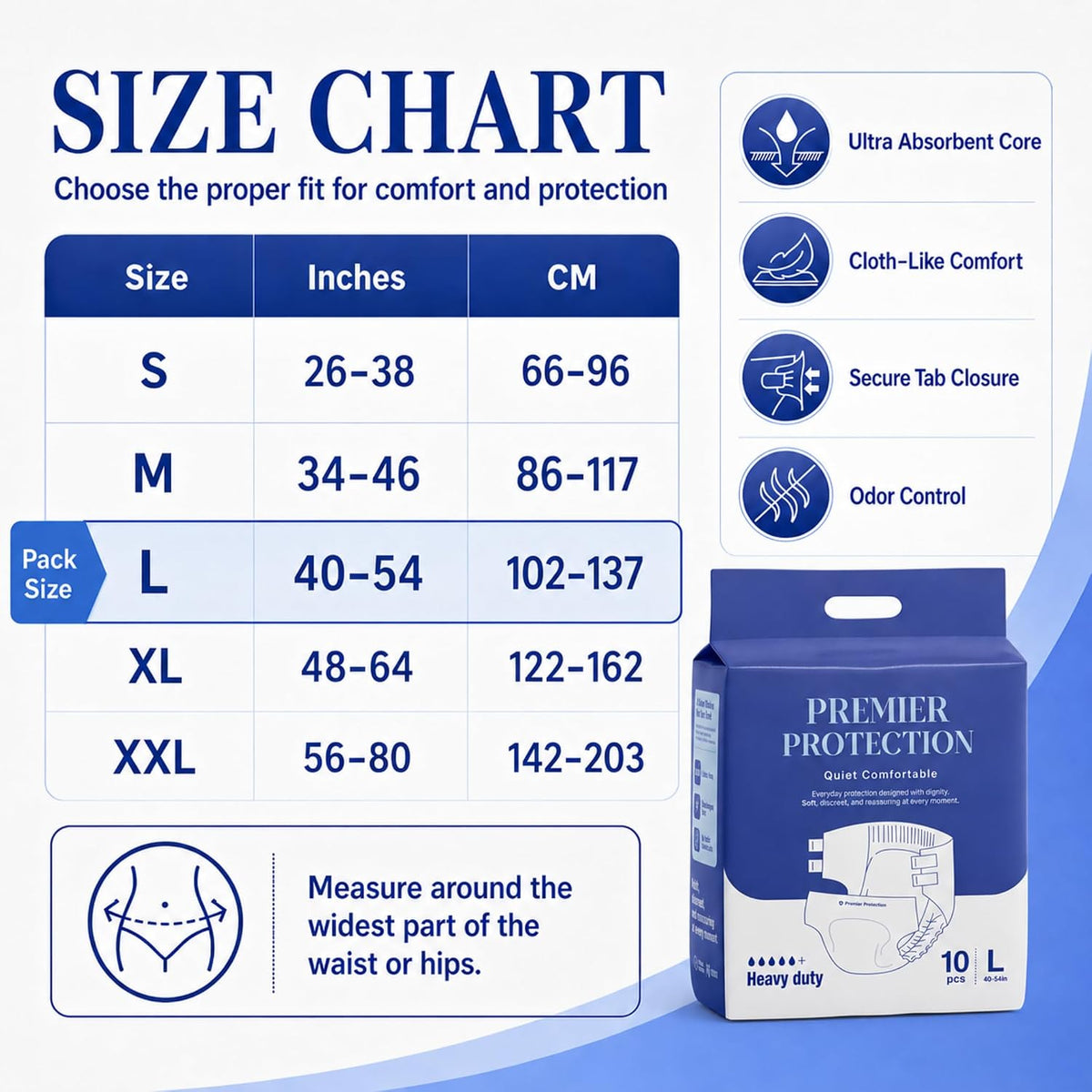 Adult Incontinence Briefs Tab Style, Heavy Absorbency with Wetness Indicator, Refastenable Tabs, Breathable & Soft