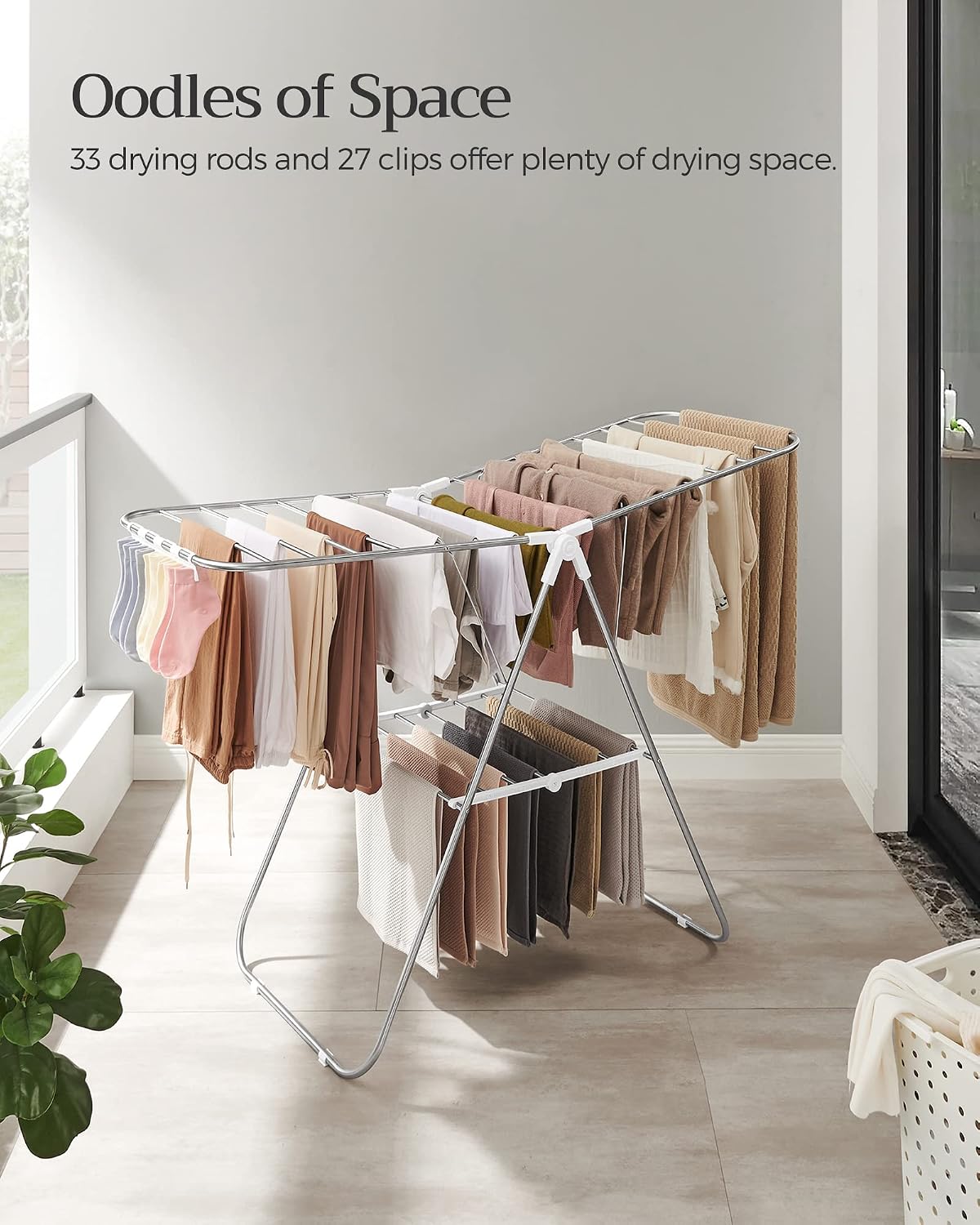 Clothes Drying Rack, with Sock Clips, Metal Laundry Rack, Foldable, Space-Saving, Free-Standing Airer, with 2