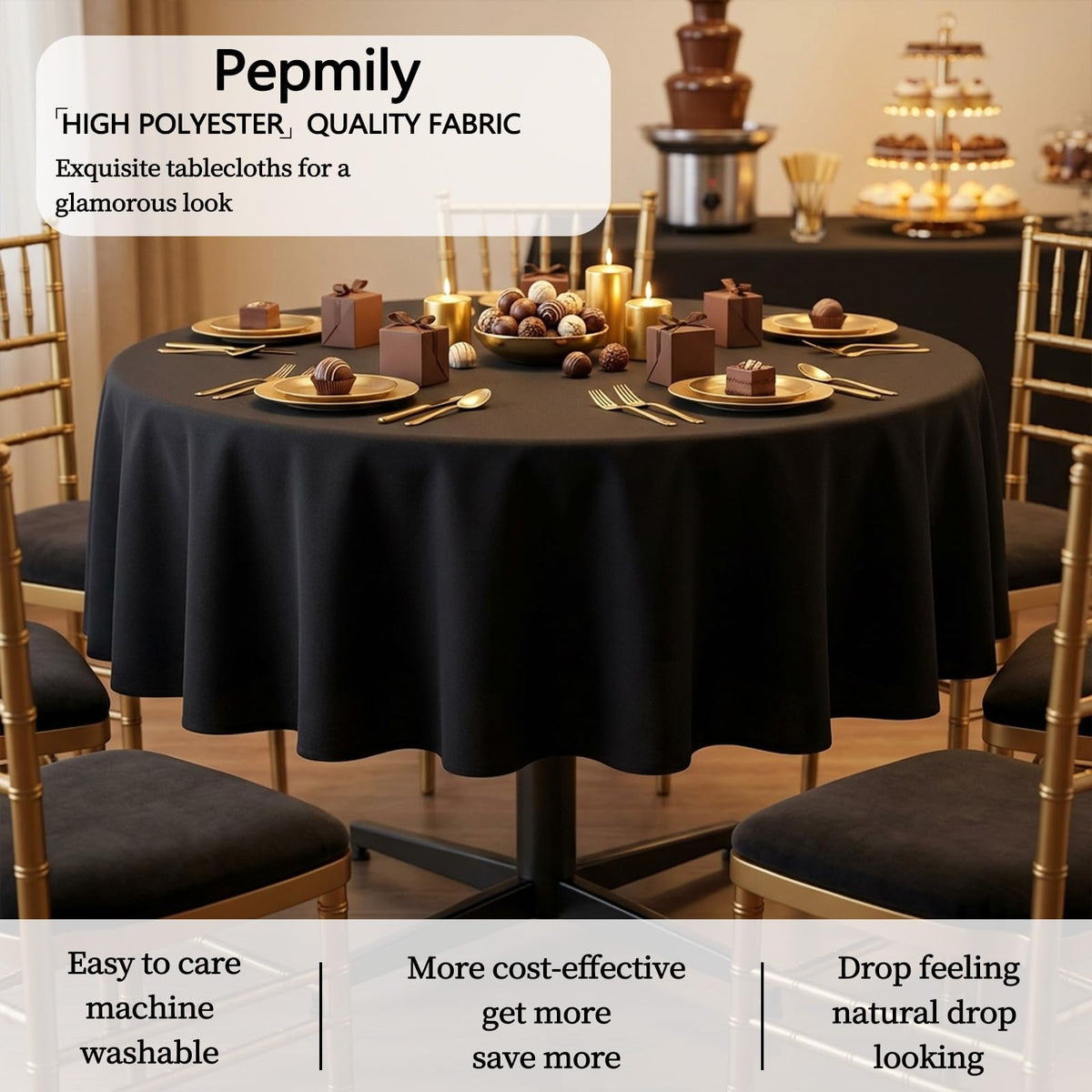 8 Pack Black Round Tablecloths, 90 Inch for 36"-72" Table