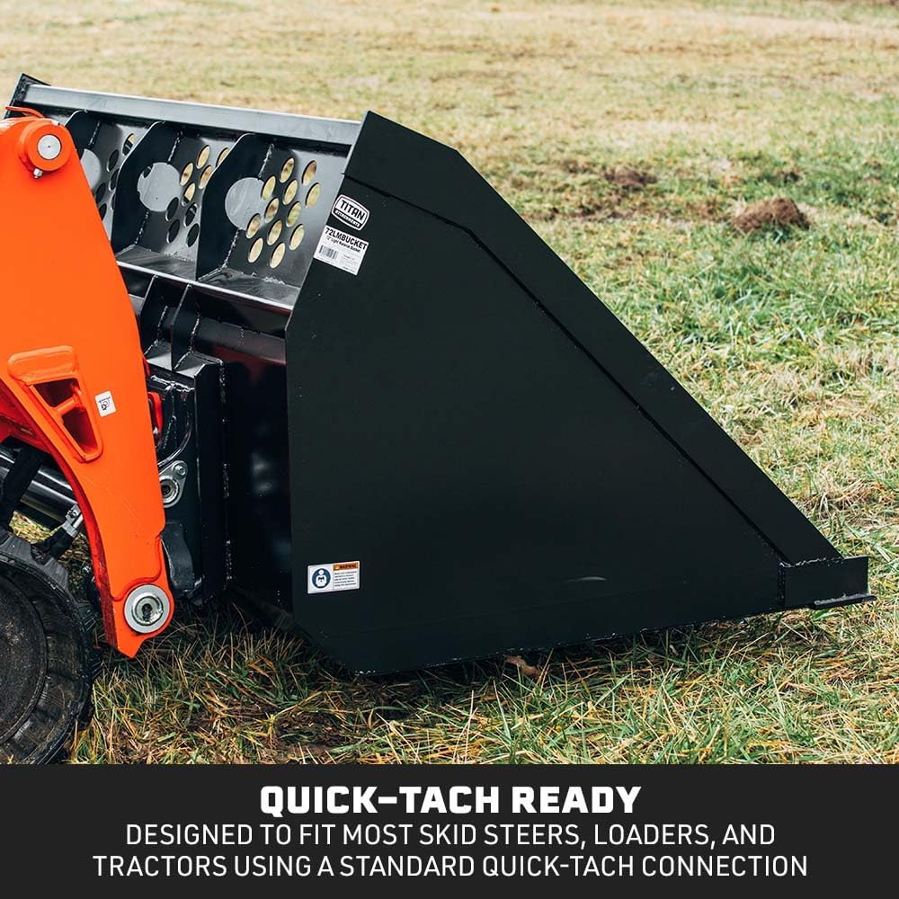 72" High Capacity Skid Steer Bucket, 42 Cu Ft Struck Capacity, Universal Quick Tach, 0.5" Thick Cutting Edge