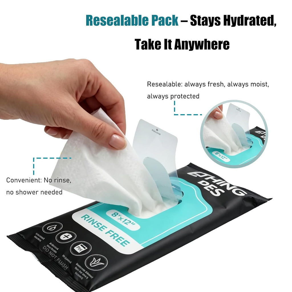 XL No-Rinse Body Wipes for Adults –12 Packs (120 Total) – Oversized, Extra Thick, and Shower-Fresh – Soft, Gentle &