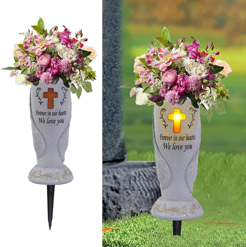 Cemetery Grave Flower Vase,Cometery Decorations for Grave,Angel Vases with Spike，Angel Wings and Cross Solar Light