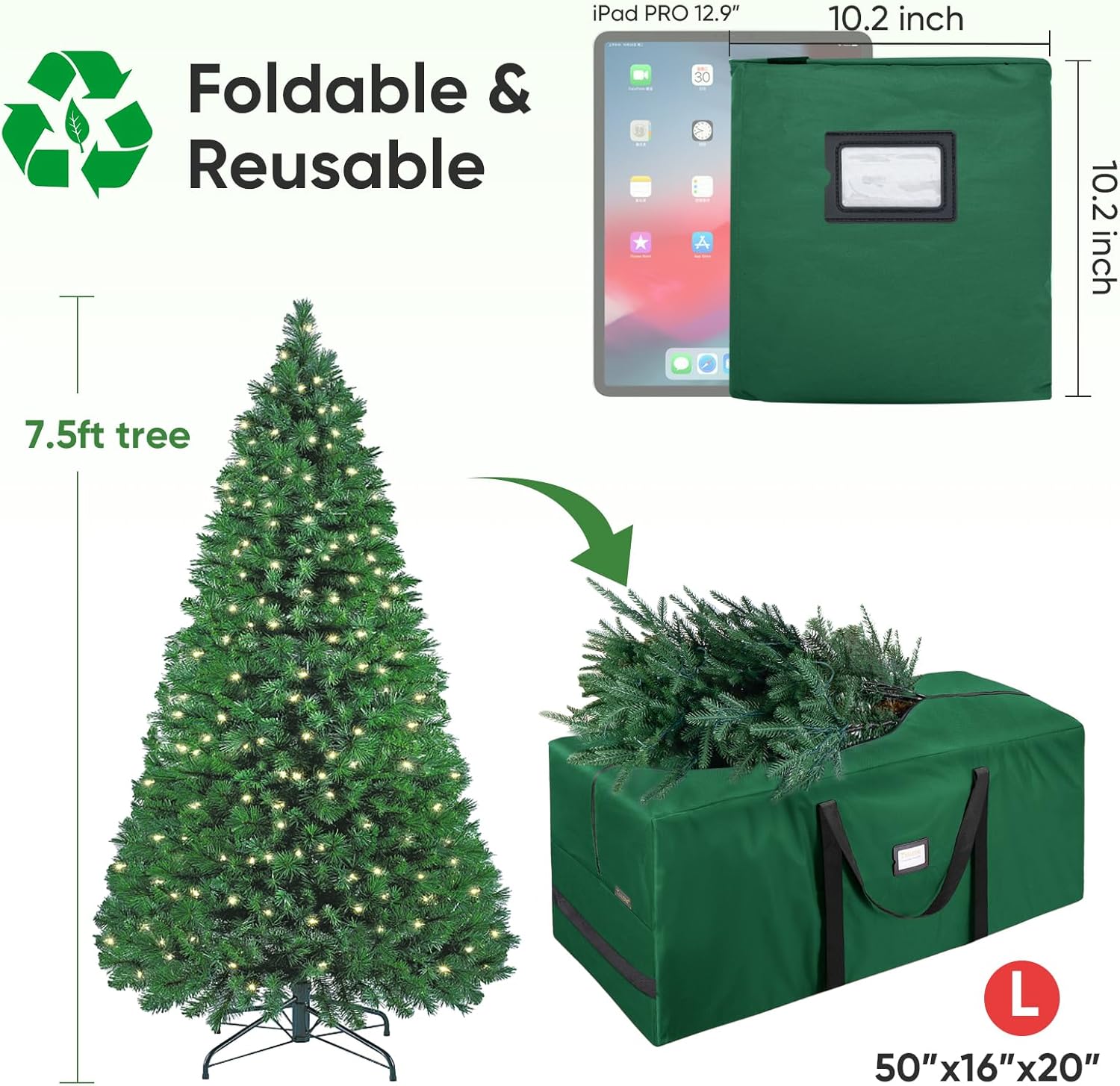 7.5 ft Christmas Tree Storage Bag, Heavy Duty 900D Oxford Fabric with Reinforced Handles and Dual Zippers Wide