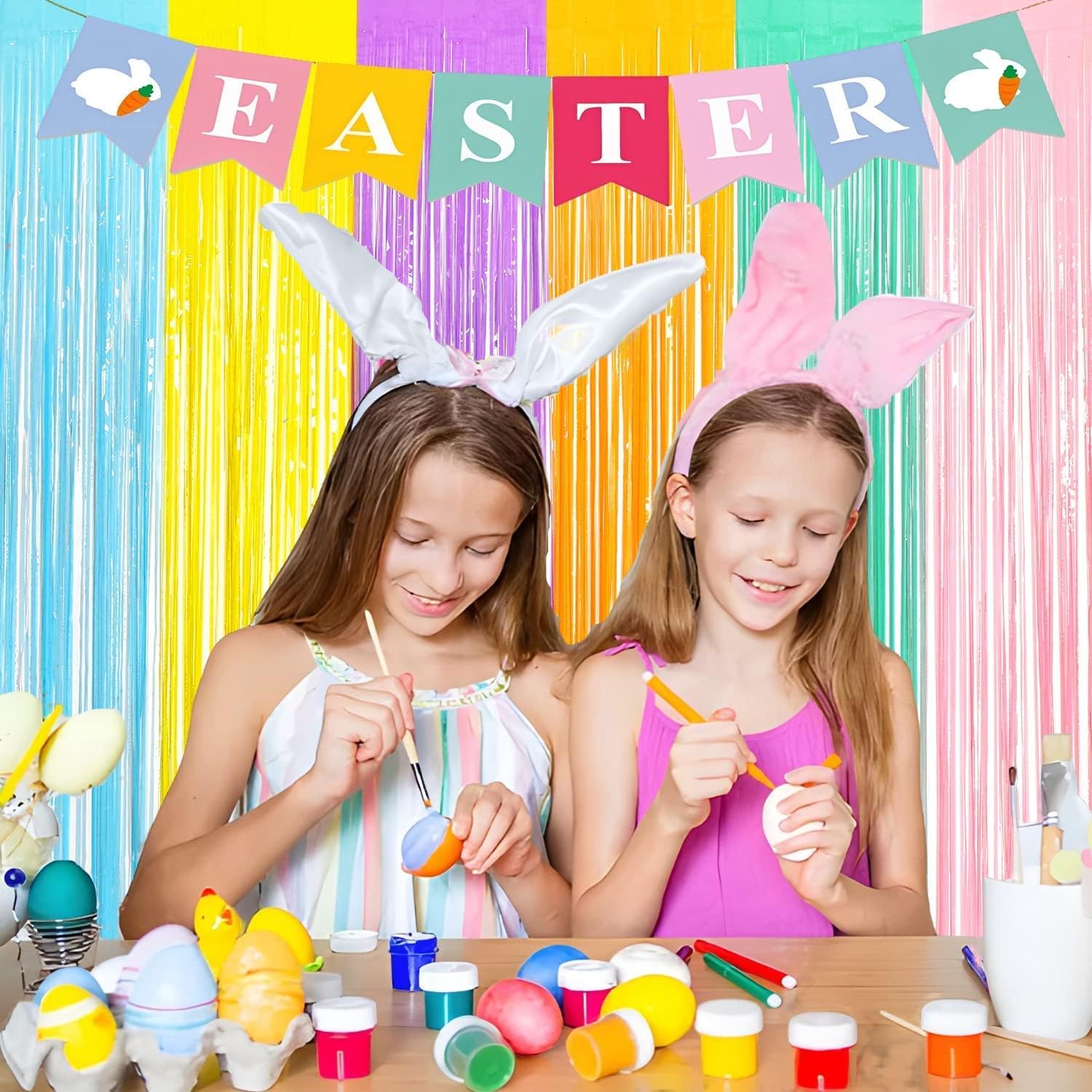 Tinsel Foil Fringe Curtains - 2Pcs 3.2x8.2ft Pastel Colourful Photo Backdrop for Christmas New Years Birthdays Easter