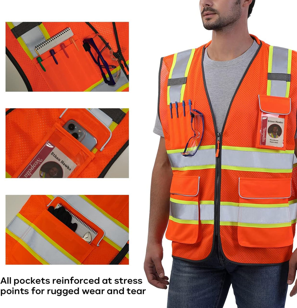 Hi Vis Reflective Safety Vest for Men Women Orange Mesh/Yellow XL | High Visibility Construction Work Vest with
