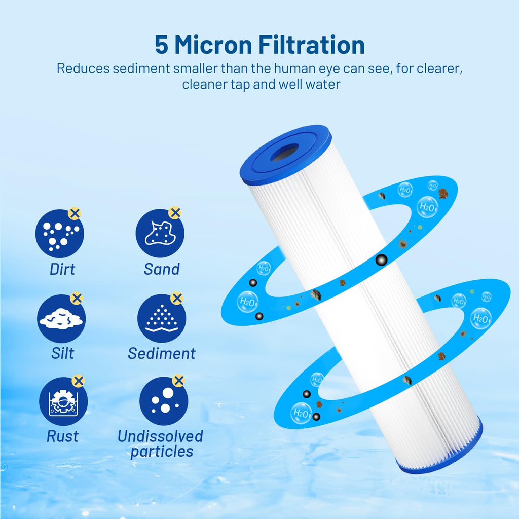 5 Micron 10" x 2.5" Pleated Sediment Well Water Filter Cartridge, 6 Pack