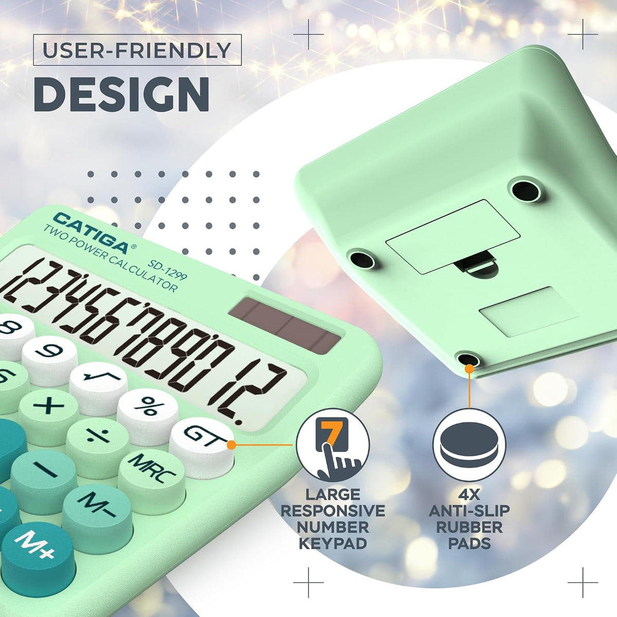 Mechanical Switch Calculator with Solar and Battery Dual Power, 12-Digit Large LCD Display, Aesthetic and Cute