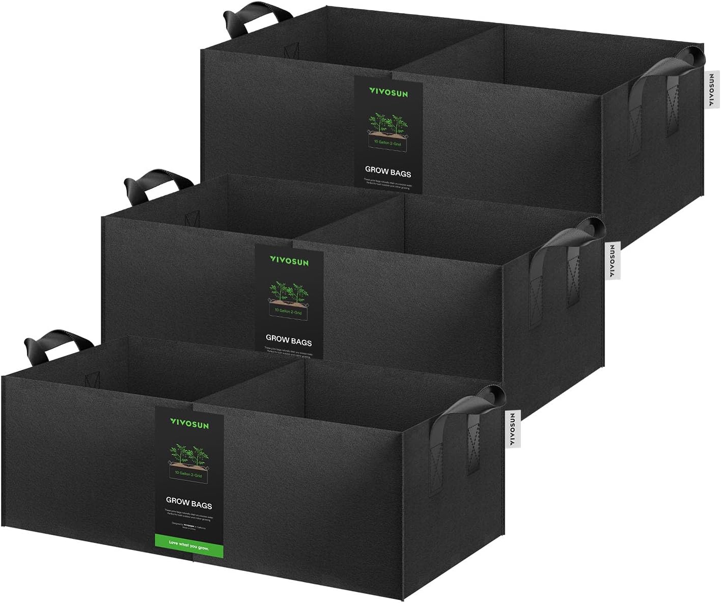 VIVOSUN 3-Pack 10 Gallon 2-Grid Grow Bags, 400G Fabric Pots with Handles | 400G Thickened Nonwoven Fabric, 2-Grid