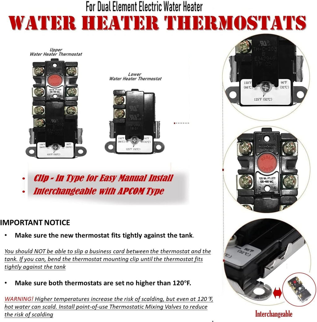 EWH-00 Water Heater Thermostat, Electric Water Heater Thermostat For Double Element Heater, Include Upper And Lower Element Thermosatat, Water Heater Replacement Parts Fit Most Water Heaters