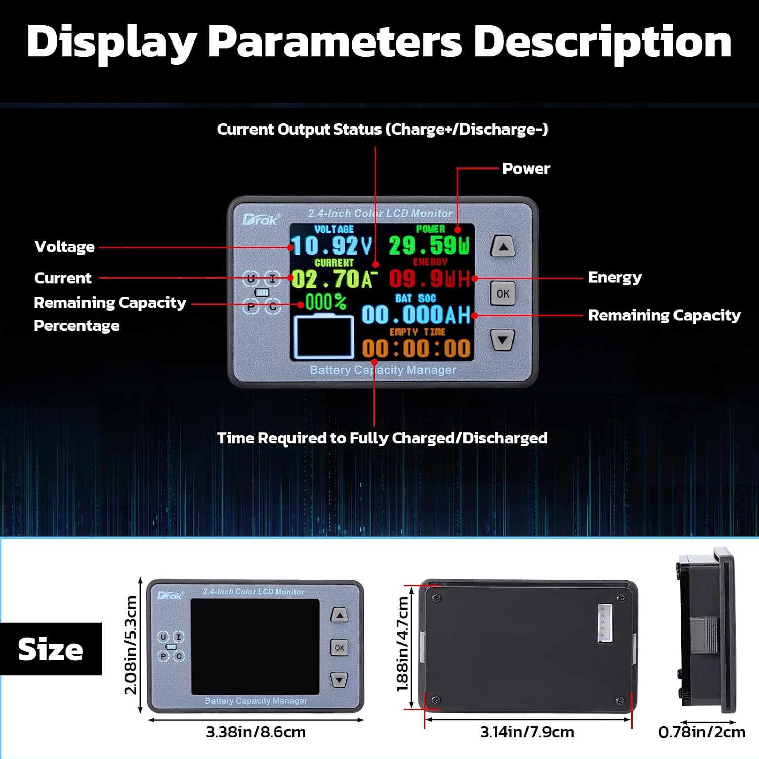 Digital Multimeter, DC 8-100V 100A Battery Monitor 12V 24V 36V 48V 60V Volt Amp Watt Meter, Big Color Screen LCD