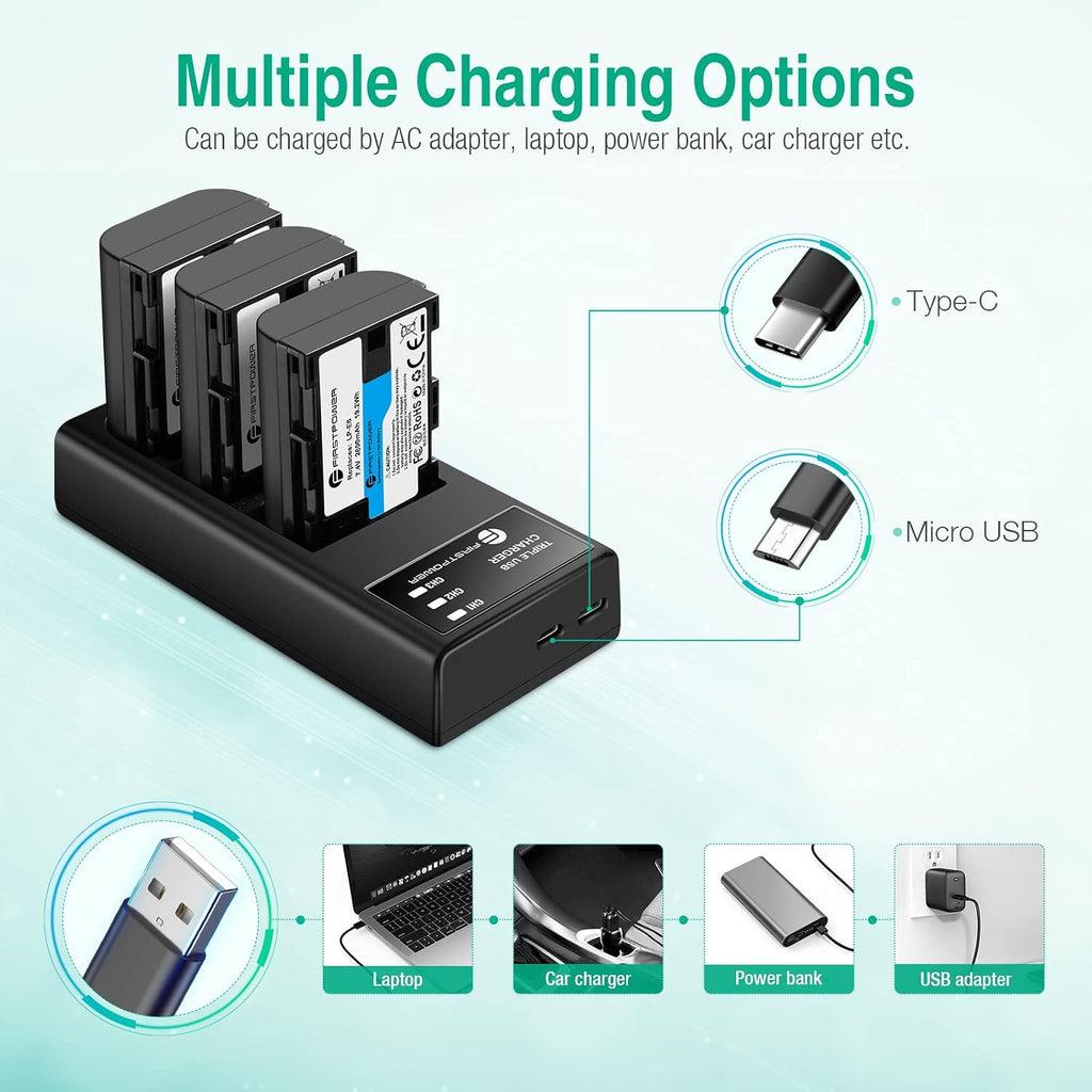 LP-E6 LP E6N Battery 3-Pack 2600mAh & Triple Slot Charger | Compatible with Canon EOS 5D Mark IV, 5D Mark III, 5D