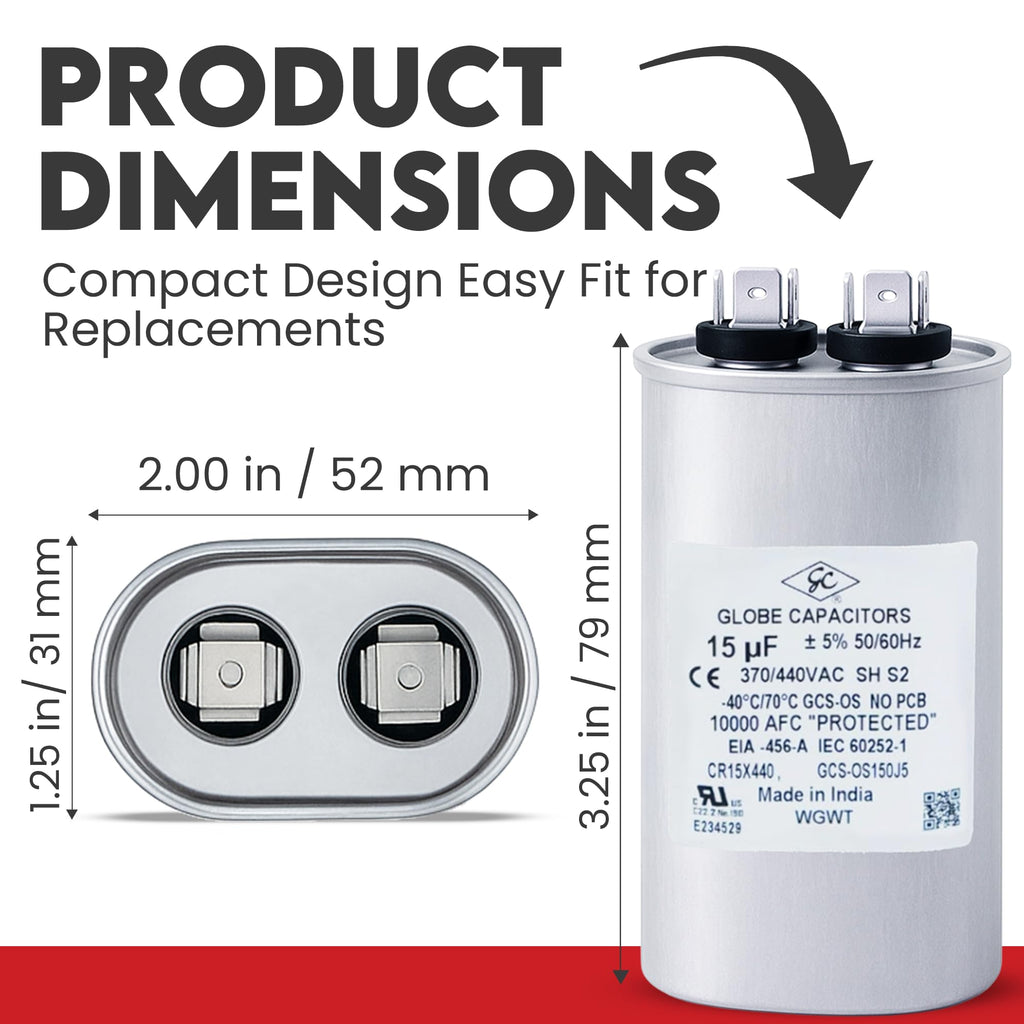 Globe Capacitor, Oval Run Start, 15MFD CBB65 Single Element, 370V/440V