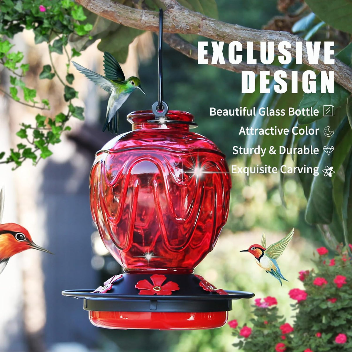 Glass Hummingbird Feeder for Outdoors Hanging, 24Ozs Humming Bird Nectar Feeder w/Perch, 5 Flower Feeding Ports, Leak