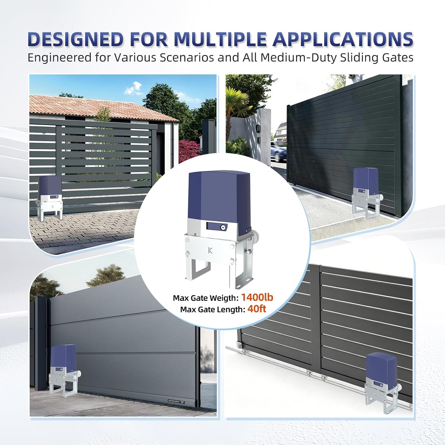 Automatic Chain Drive Sliding Gate Opener with 2 Remote Controls, 280W Electric Gate Motor for Driveway Slide Gate Up