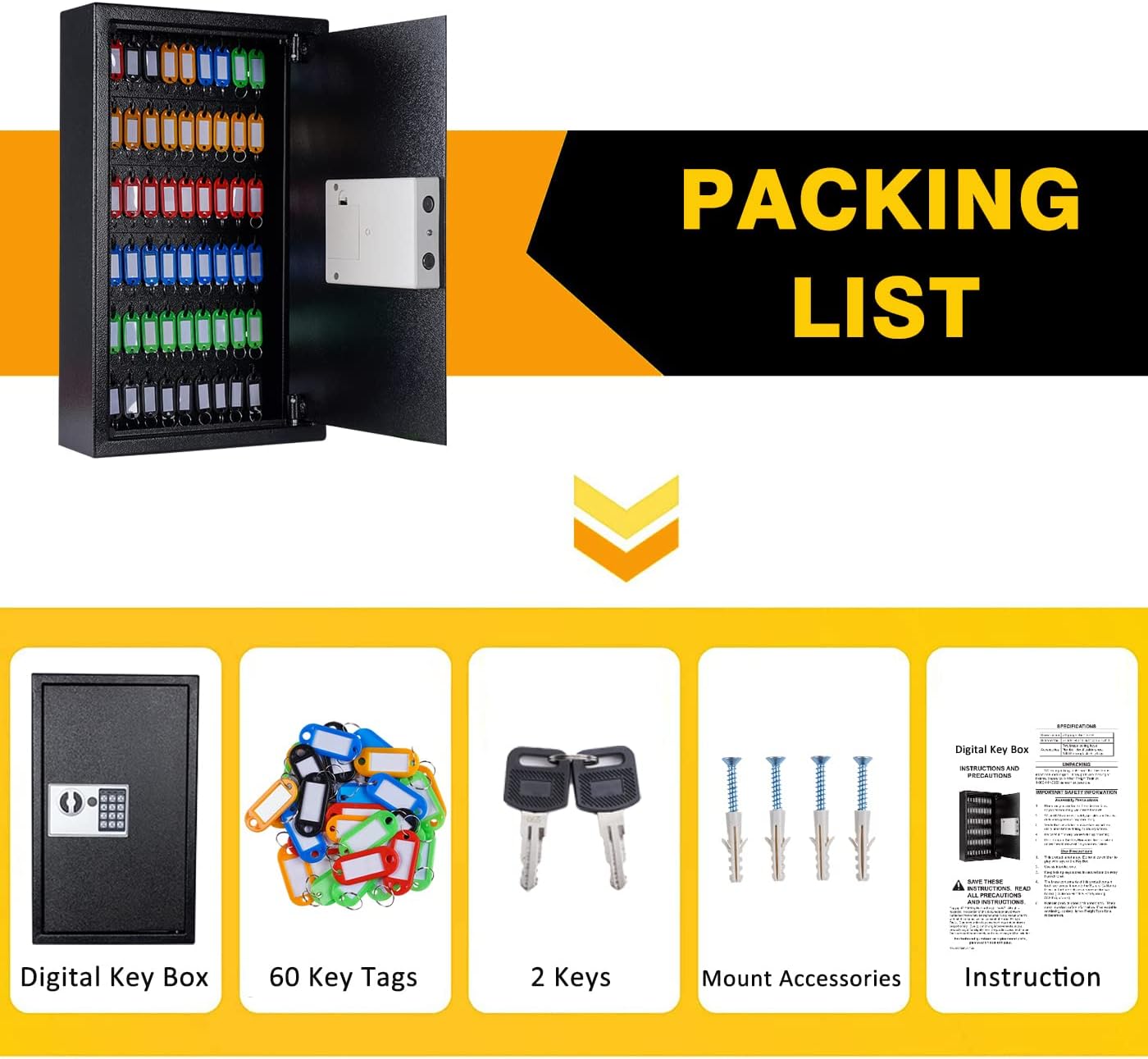 60-Key Wall Mount Digital Key Cabinet Lock Box, Electronic Key Safe, Black | Metal Electronic Key Safe Includes 60