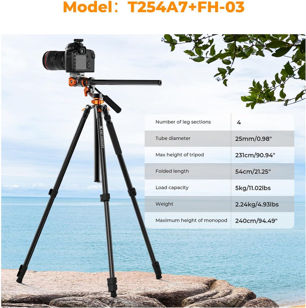 90''/230cm Horizontal Fluid Head Camera Tripod | Heavy Duty Overhead Shooting Video Tripods, Center Colmun