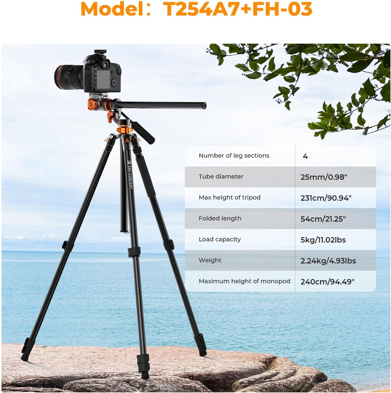 90''/230cm Horizontal Fluid Head Camera Tripod | Heavy Duty Overhead Shooting Video Tripods, Center Colmun
