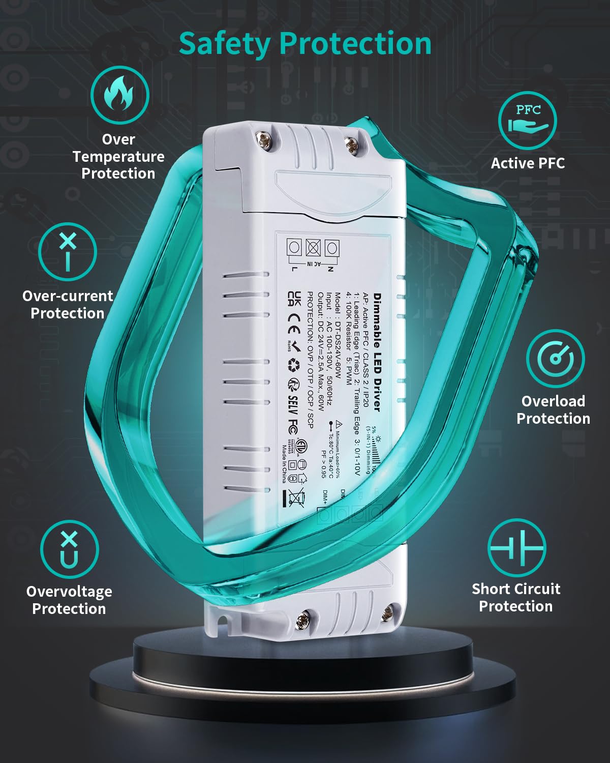 24V 60W Dimmable LED Driver, Constant Voltage Transformer for LED Light