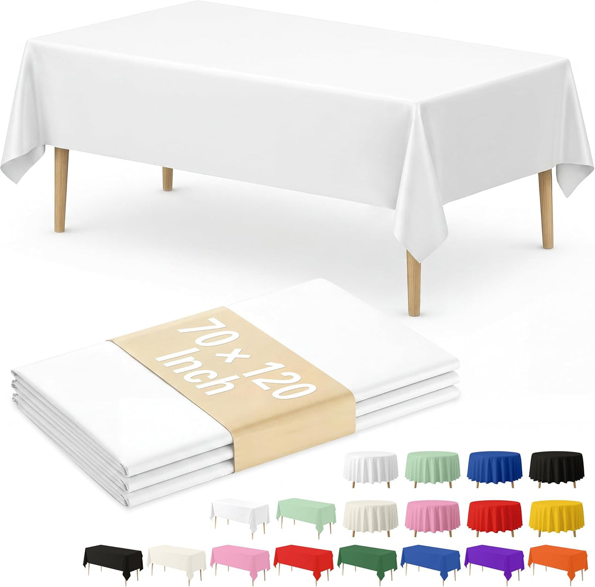 3 Pack Disposable White Rectangle Plastic Tablecloth, 70 x 120 Inch
