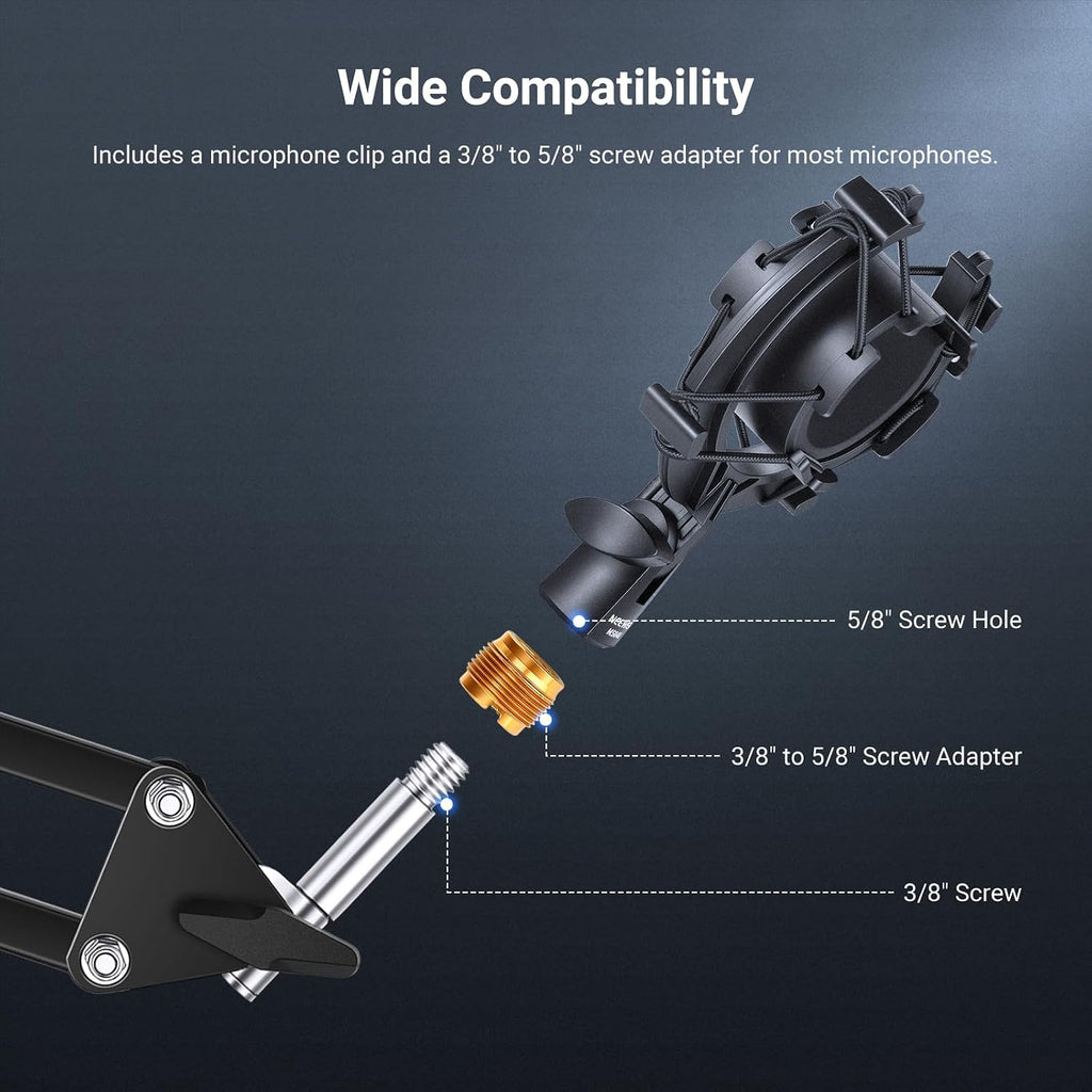 Microphone Shock Mount, Mic Holder for Stand & Boom Arm with Elastic Ropes & 3/8" to 5/8" Screw Adapter, Fits Mics of