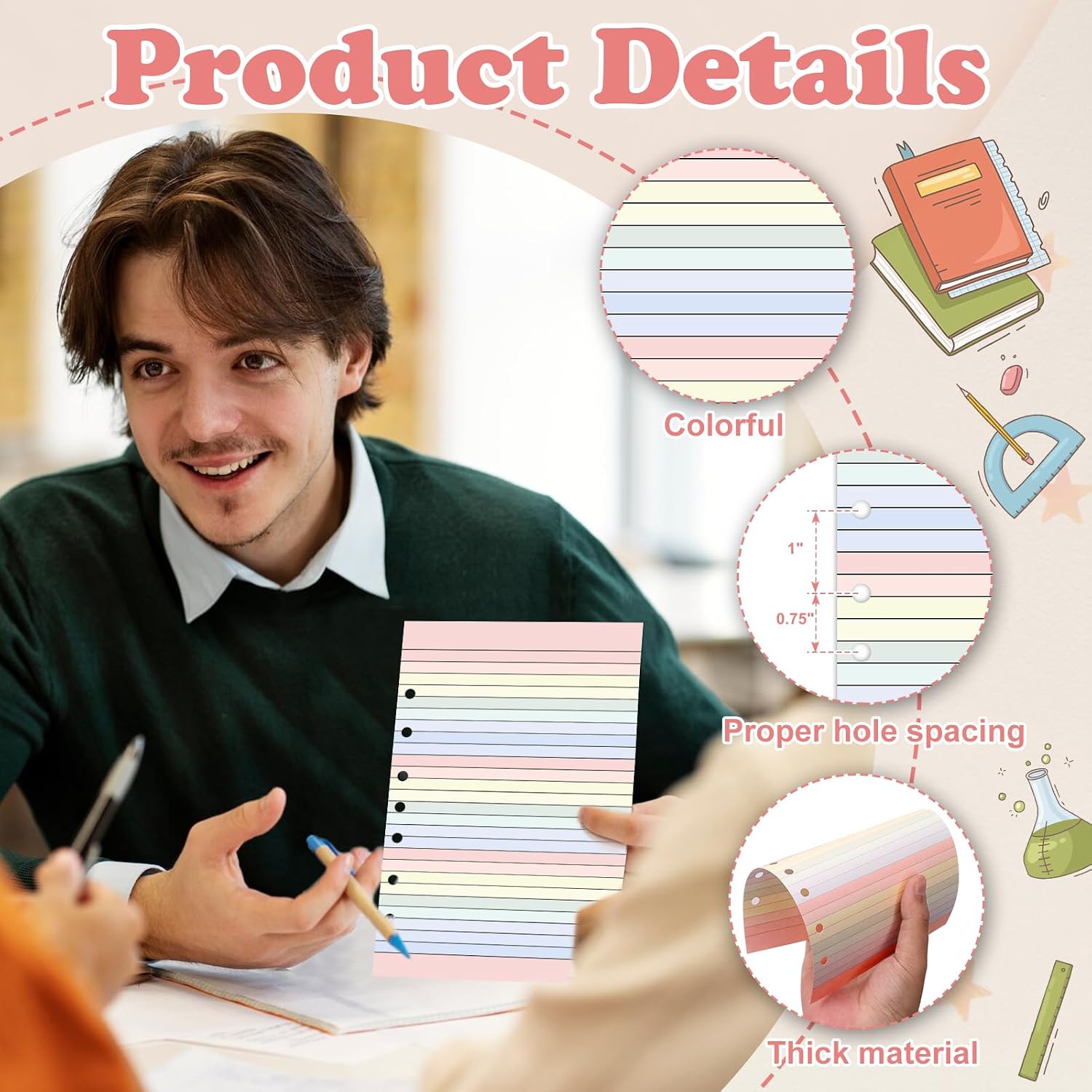 Colored Loose Leaf Paper 5.5" x 8.5" 7-Hole Lined Filler Paper College Ruled Notebook Refill Pad Pastel Colored Lined
