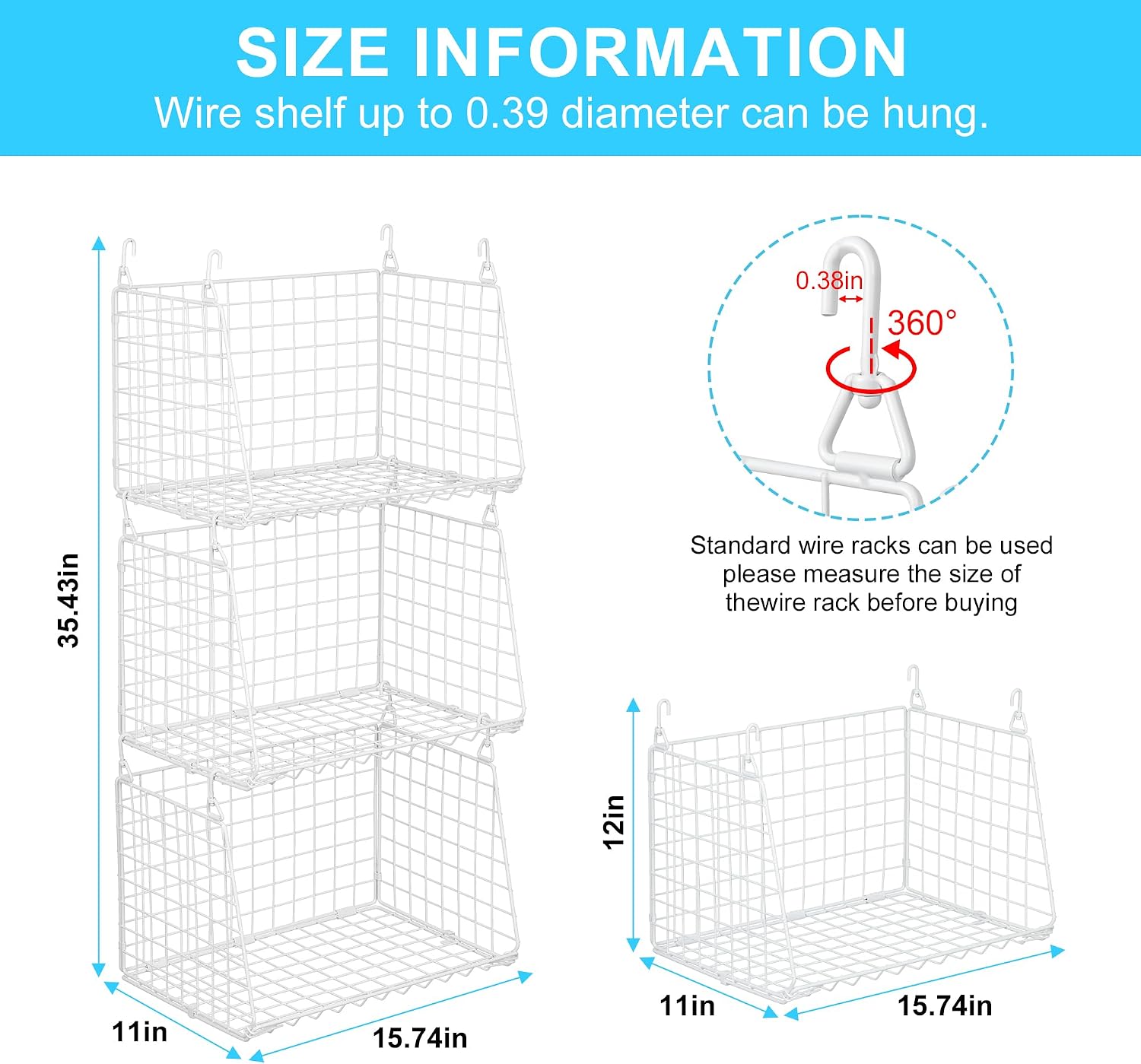 3-Pack Large Hanging Laundry Basket: Wire shelves for Laundry Room Organization with 360°Rotating Hooks Foldable