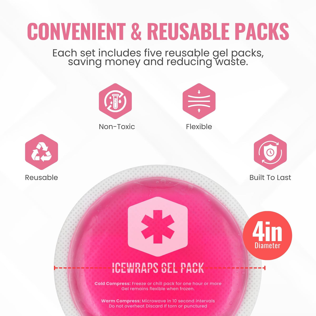 4 inches Round Reusable Ice Packs with Cloth Backing, 5-Pack Pink