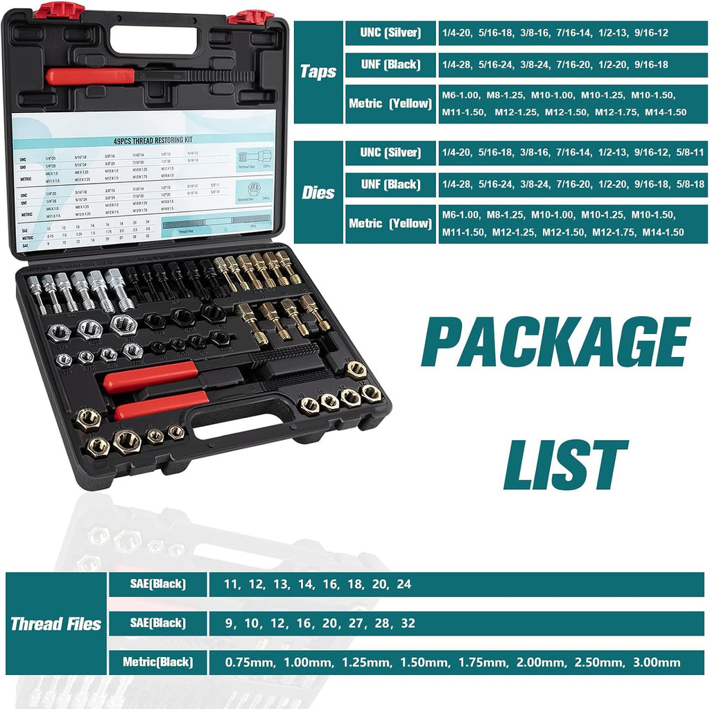 49 PCS Thread Chaser Set, UNC UNF and Metric Thread Repair Kit